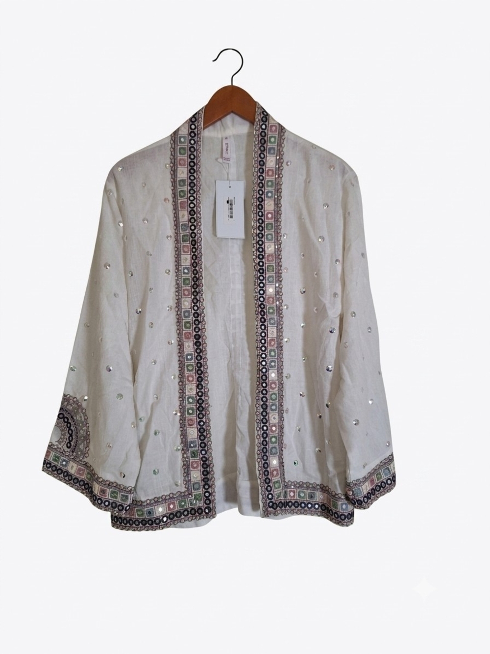 ETHNC Women's White Open Front Jacket Embroidered Mirror Work Kimono Cardigan M